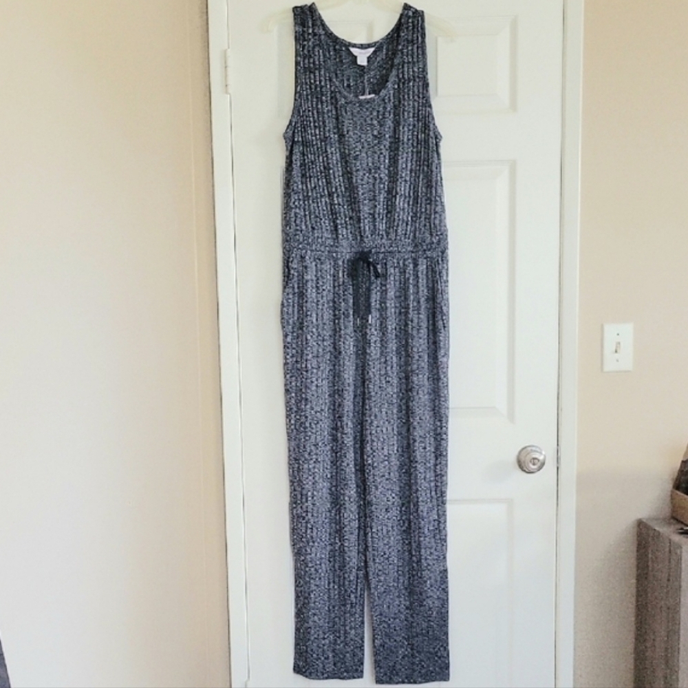 Liz Claiborne Navy Ming Stretchy Belted Jumpsuit Beach Travel Lounge - Size L